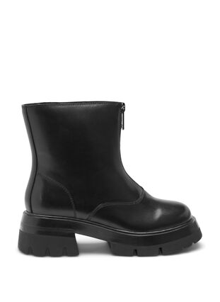 Krótkie szerokie buty ze skóry z zamkiem blyskawicznym, Black, Packshot image number 0