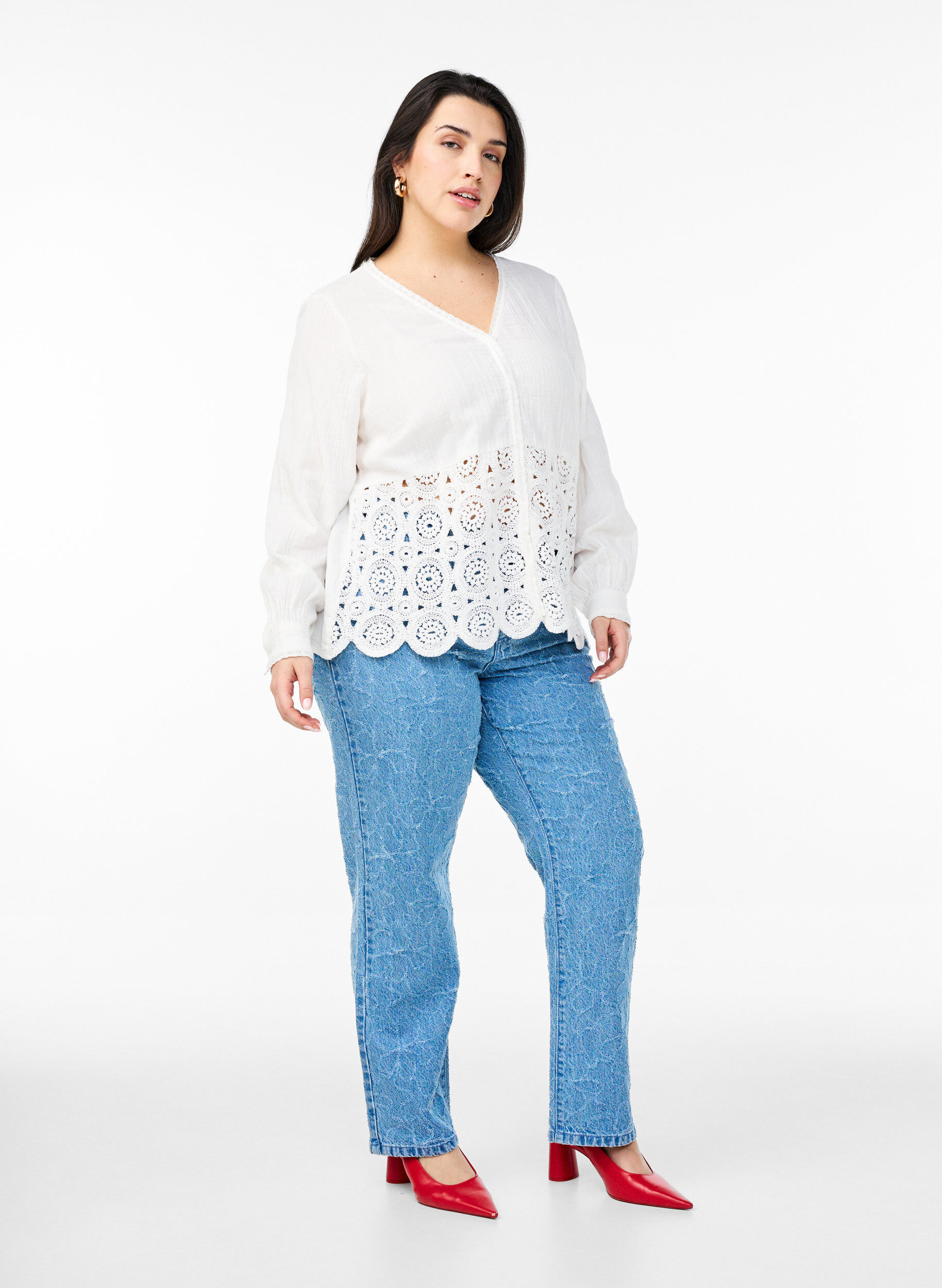 Zizzi Bawelniana muslinowa bluzka koszulowa z szydelkowymi detalami, Biały, Model image number 1