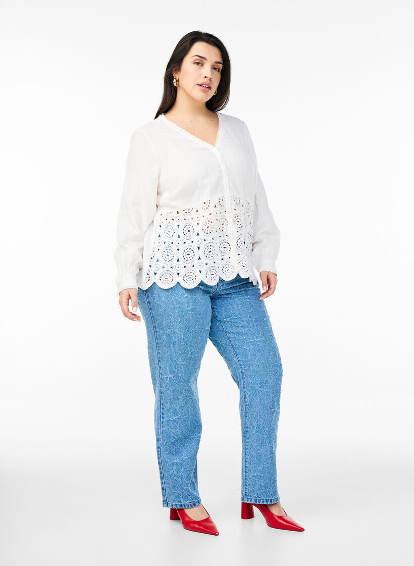 Bawelniana muslinowa bluzka koszulowa z szydelkowymi detalami, Biały, Model image number 1