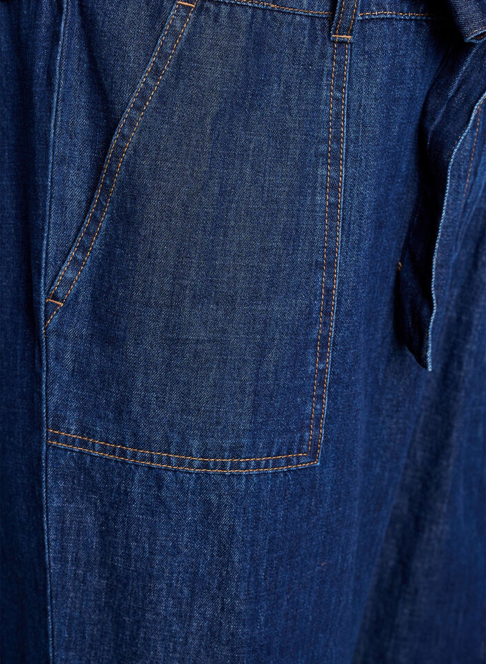 Kombinezon z denimu z kr&oacute;tkim rekawem i pasem do wiazania, Niebieskie, Packshot image number 3