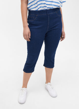 Jeansowe spodnie 3/4 z elastycznym paskiem, Dark Blue Denim, Model image number 2