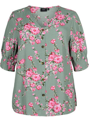 Wiskozowa bluzka z guzikami, Spray Green Flower, Packshot image number 0