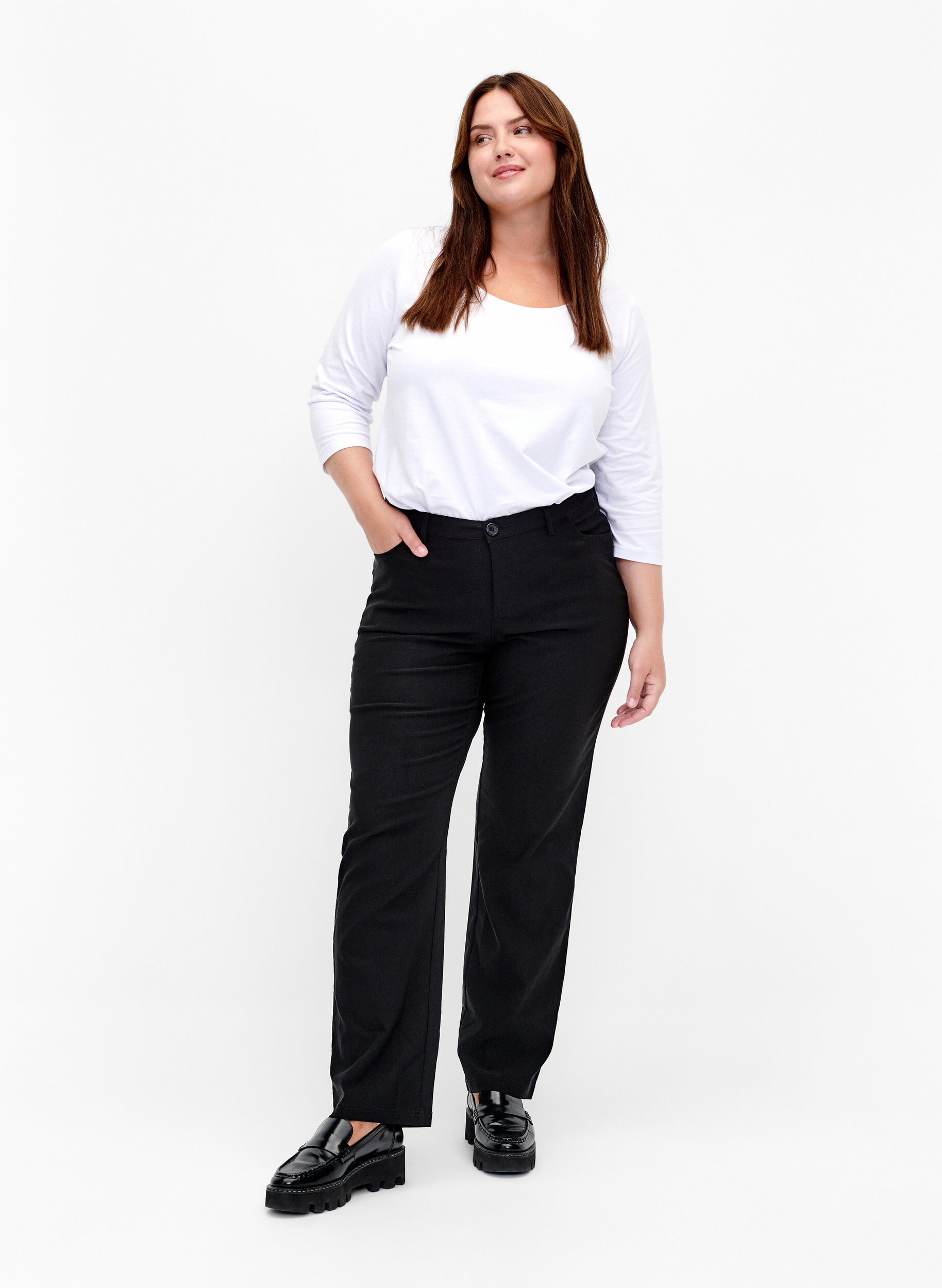 Zizzi Bawelniana koszulka typu basic z rekawami 3/4, Biały, Model image number 1