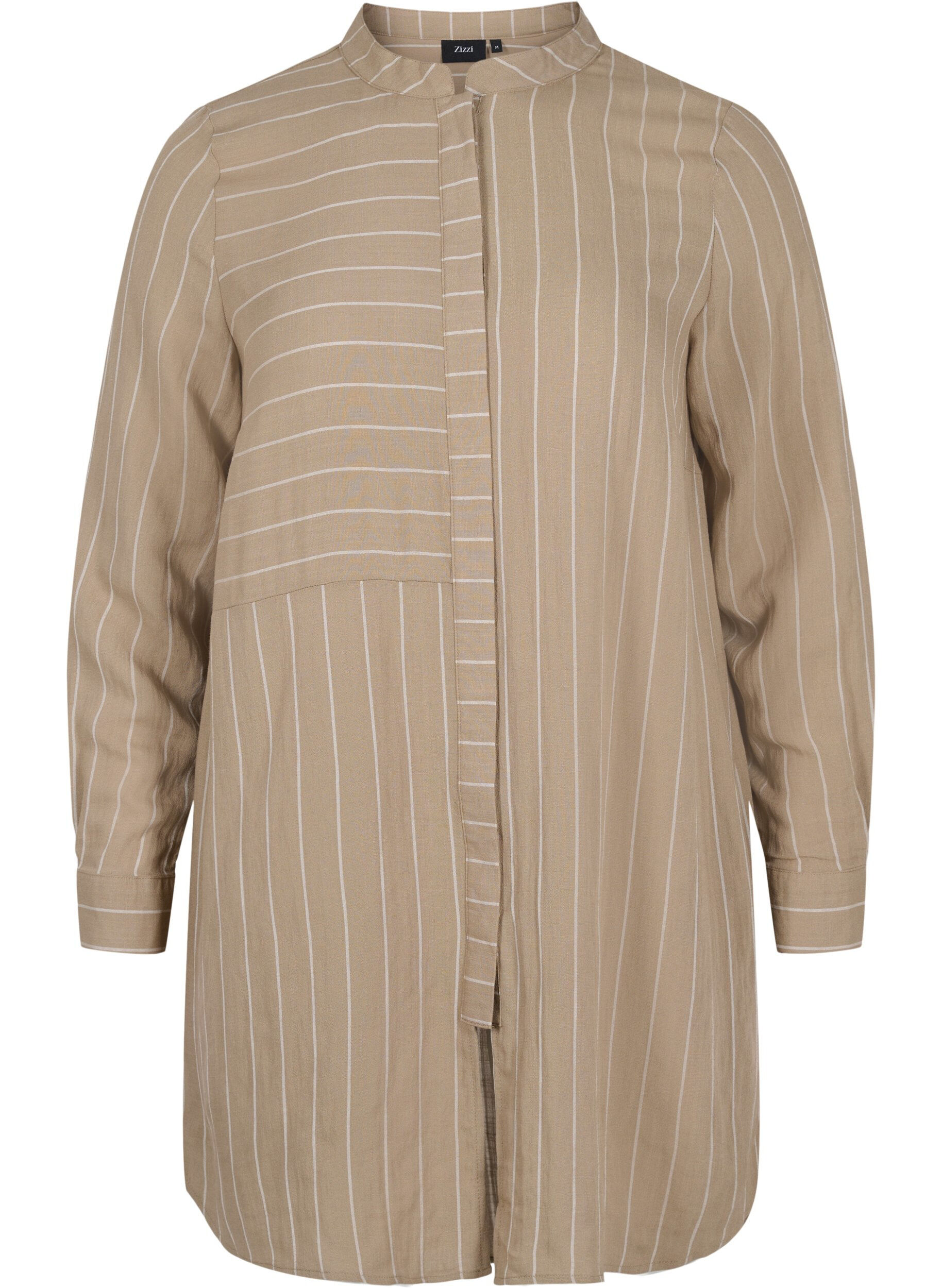 Zizzi Long striped shirt in a viscose mix, Timber Wolf/White, Packshot image number 0