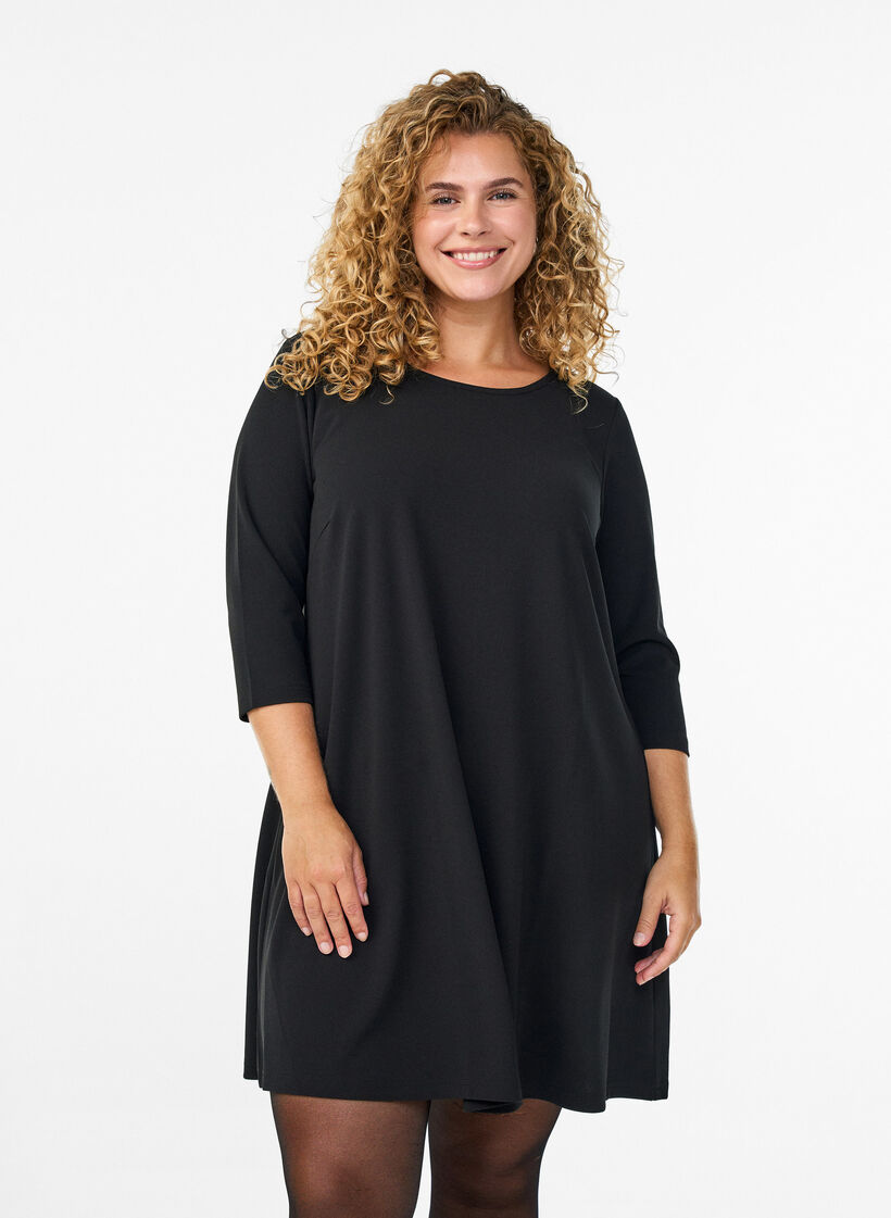 Kr&oacute;tka trapezowa sukienka z rekawami 3/4, Czarne, Model image number 0