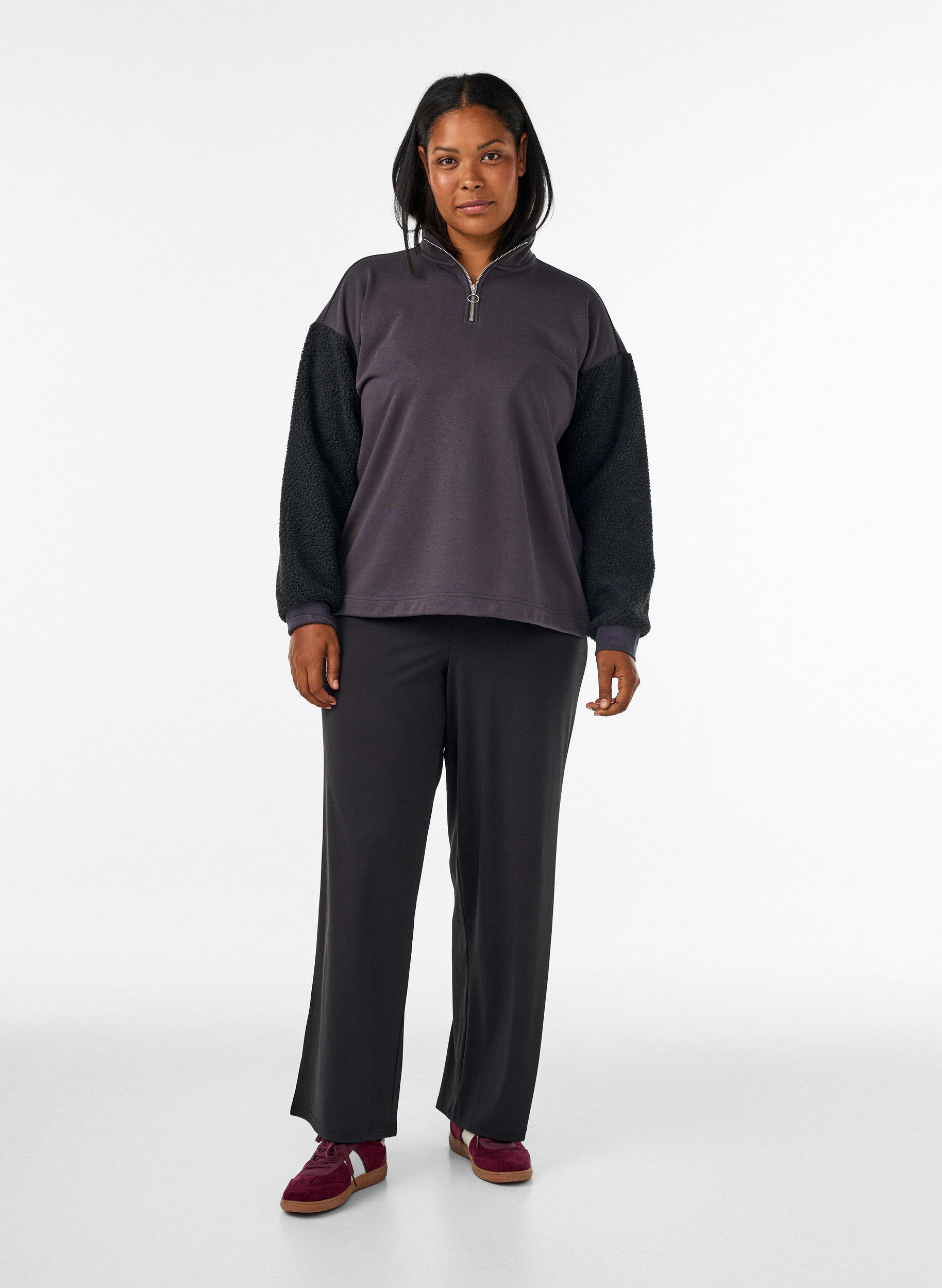 ZizziBluza z podszewka z pluszu i wysokim kolnierzem, Ciemnoszary, Model image number 1