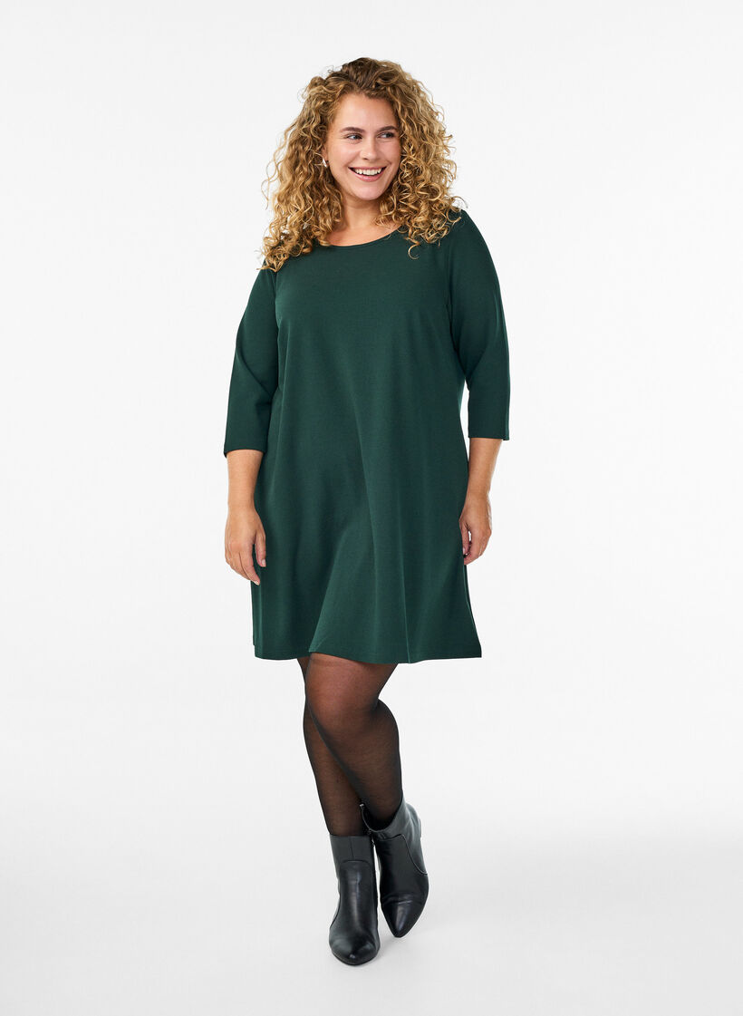 Kr&oacute;tka trapezowa sukienka z rekawami 3/4, Zielony, Model image number 1