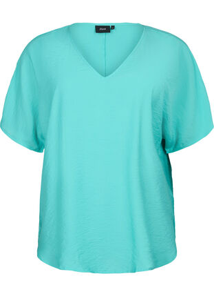 Wiskozowa bluzka z krótkim rekawem i dekoltem w szpic, Turquoise, Packshot image number 0