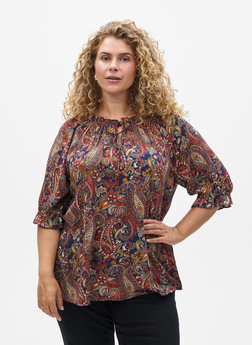 Wiskozowa bluzka z motywem paisley i rekawami do lokcia, Niebieskie, Model image number 0
