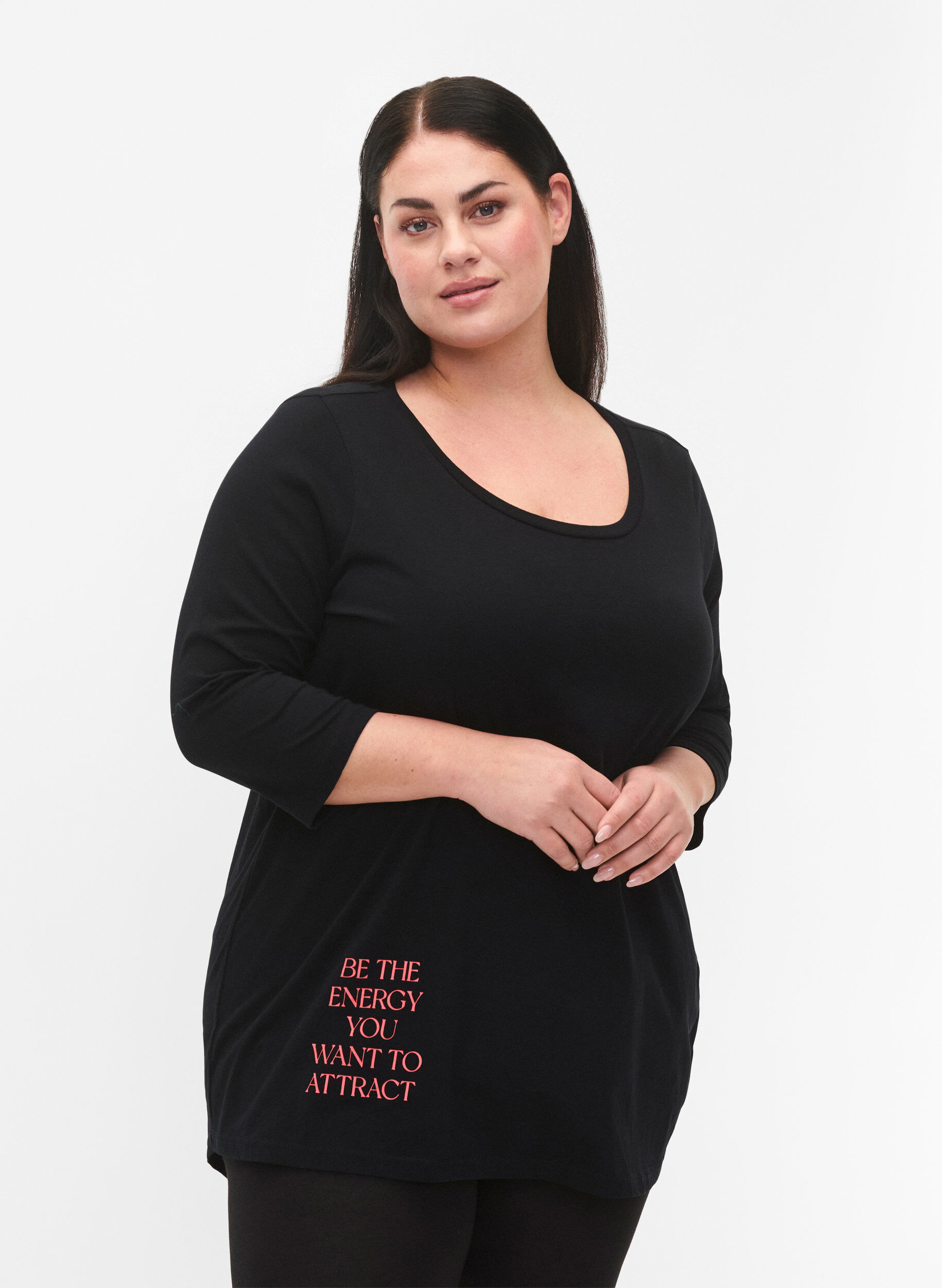 Zizzi Bawelniana koszulka z rekawem 3/4, Black, Model image number 0