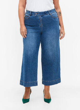 Krótkie jeansy z rozkloszowanymi nogawkami, Blue denim, Model image number 3