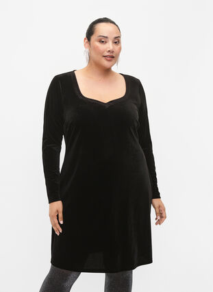 Welurowa sukienka z dlugimi rekawami, Black, Model image number 0