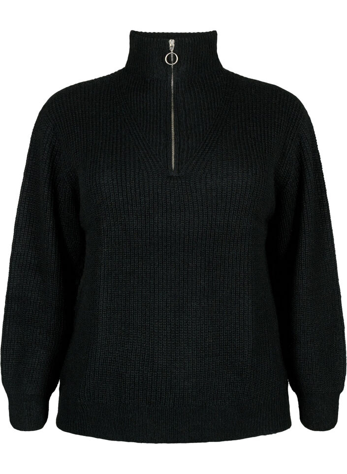 Dzianinowy golf z&nbsp;zamkiem, Czarne, Packshot image number 0