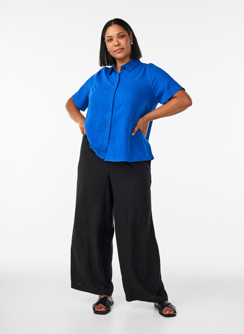 Koszula z kr&oacute;tkim rekawem wykonana z lnu i wiskozy, Niebieskie, Model image number 1