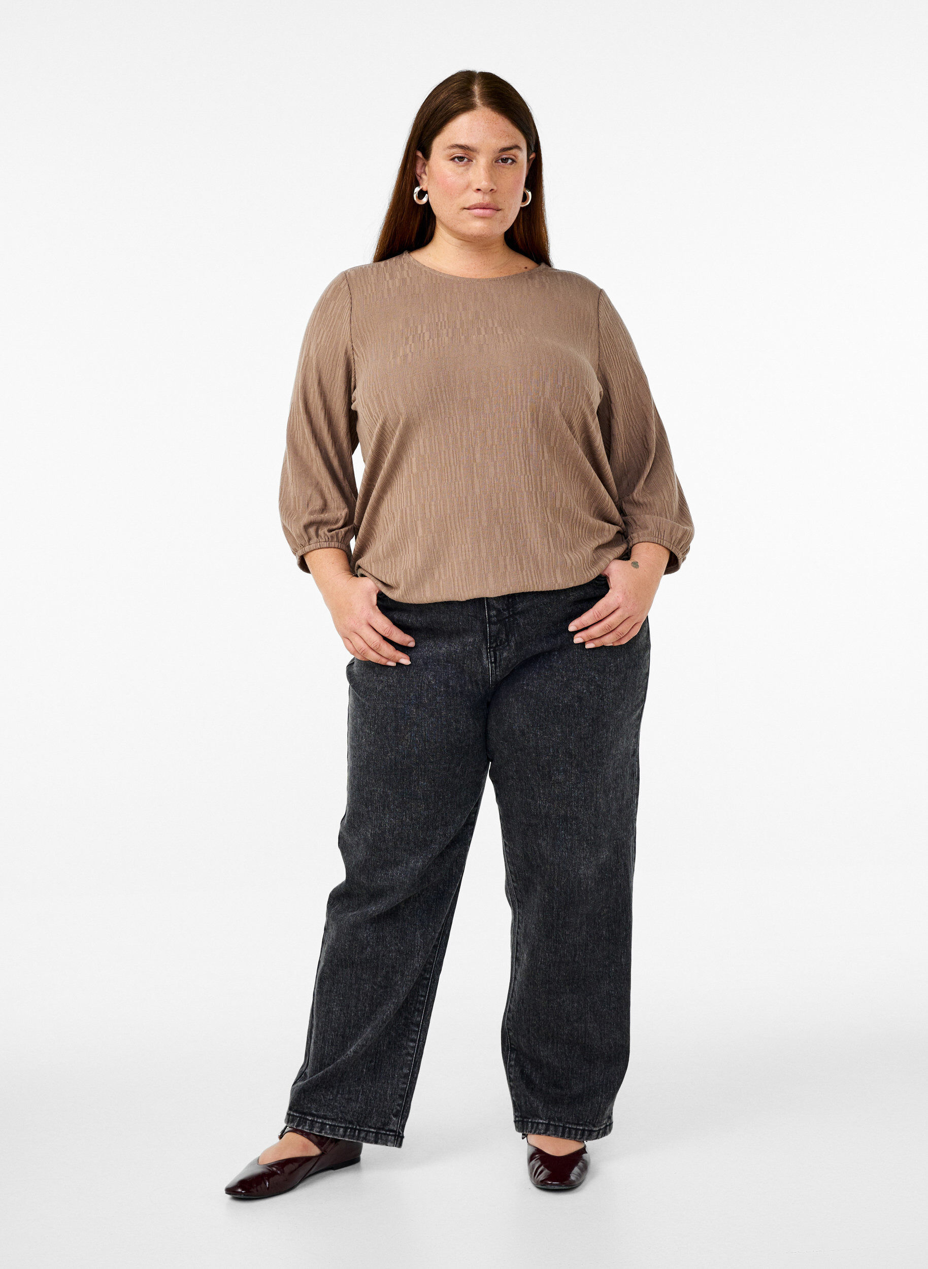 Zizzi Bluzka z faktura i rekawami 3/4, Brązowy, Model image number 1