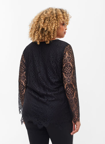 Koronkowa bluzka z dlugim rekawem i dekoltem w szpic, Black, Model image number 1