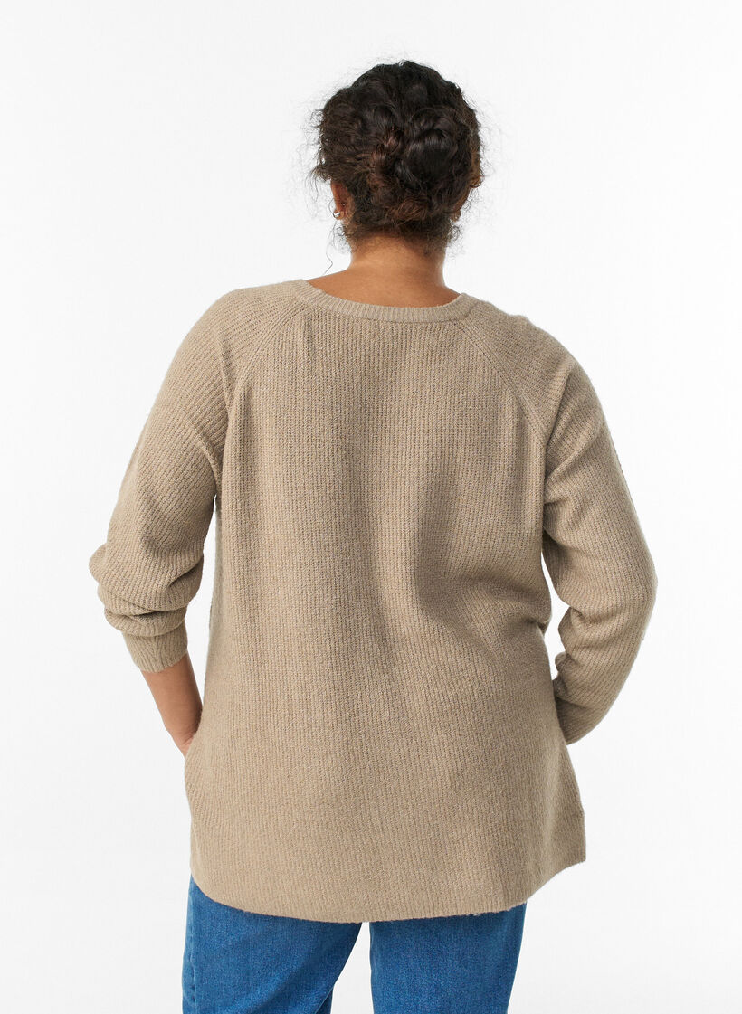 Sweter z dzianiny z ukosnym wzorem i rekawami raglanowymi, Beżowy, Model image number 2