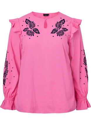 Bawelniana bluzka z haftem i falbanami, Pink P. w. Navy, Packshot image number 0