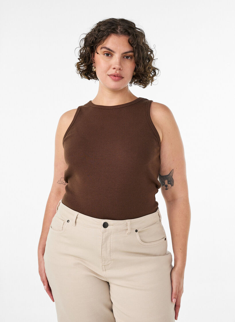 Bawelniany prazkowany top z wysokim dekoltem, Brązowy, Model image number 0