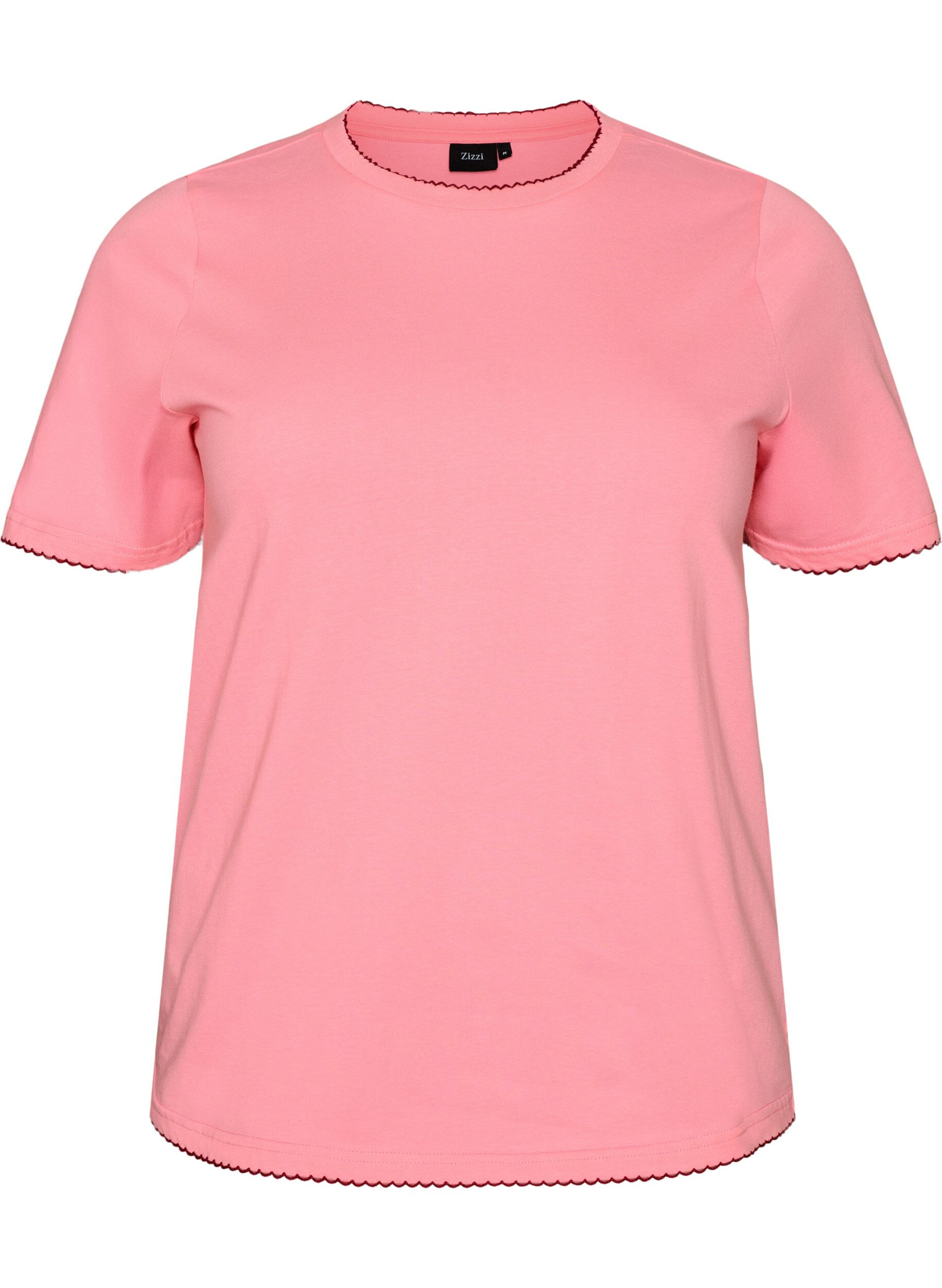 ZizziBawelniany T-shirt z kontrastowym, falistym wykonczeniem brzeg&oacute;w, R&oacute;żowy, Packshot image number 0