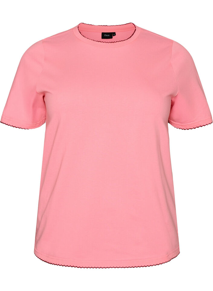 Bawelniany T-shirt z kontrastowym, falistym wykonczeniem brzeg&oacute;w, R&oacute;żowy, Packshot image number 0