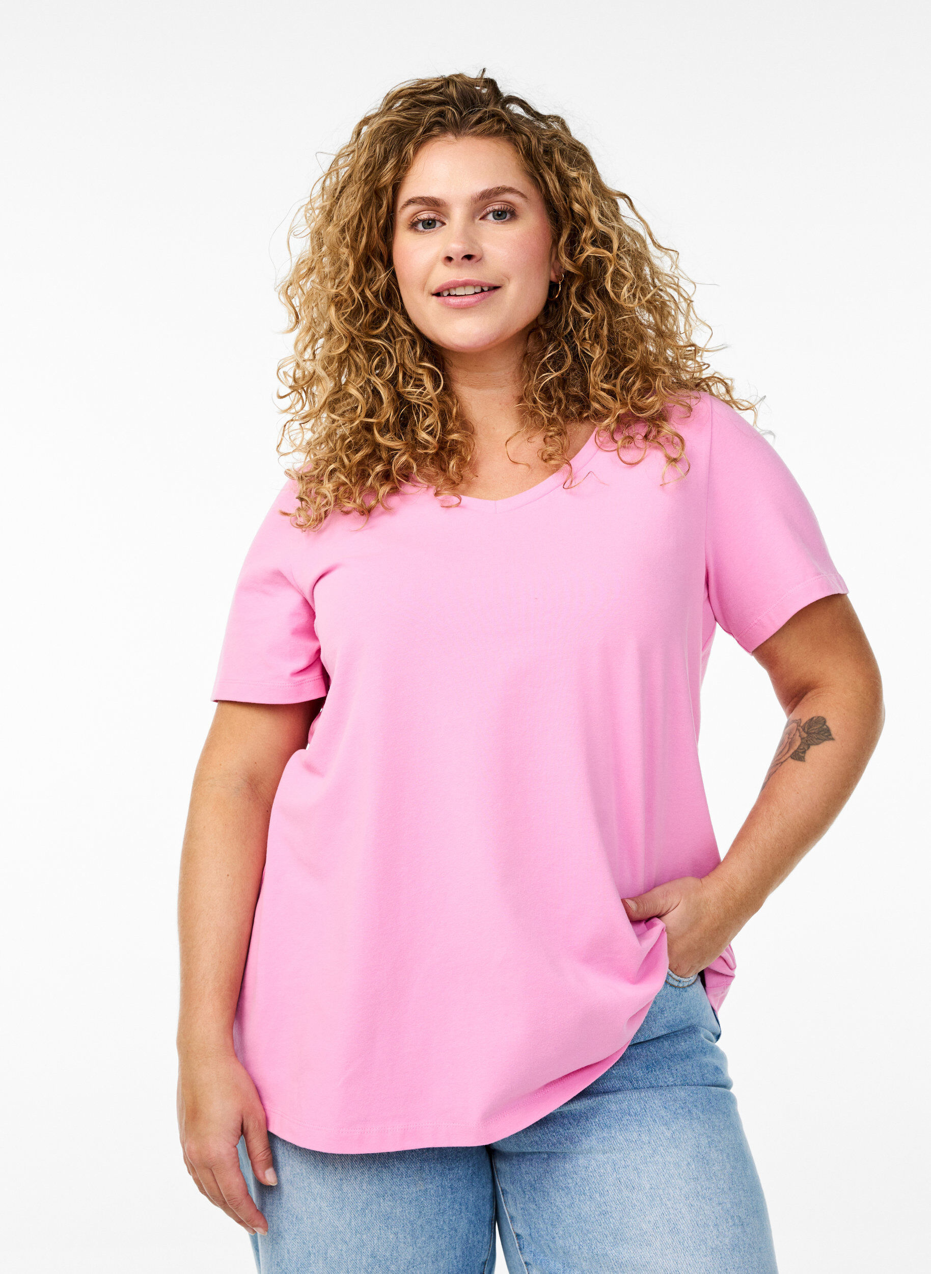 ZizziPodstawowa, gladka bawelniana koszulka, R&oacute;żowy, Model image number 0