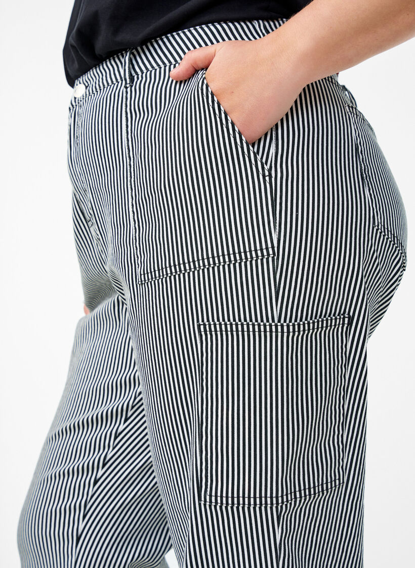  Jeansy cargo z wysokim stanem w paski, Czarne, Image image number 0