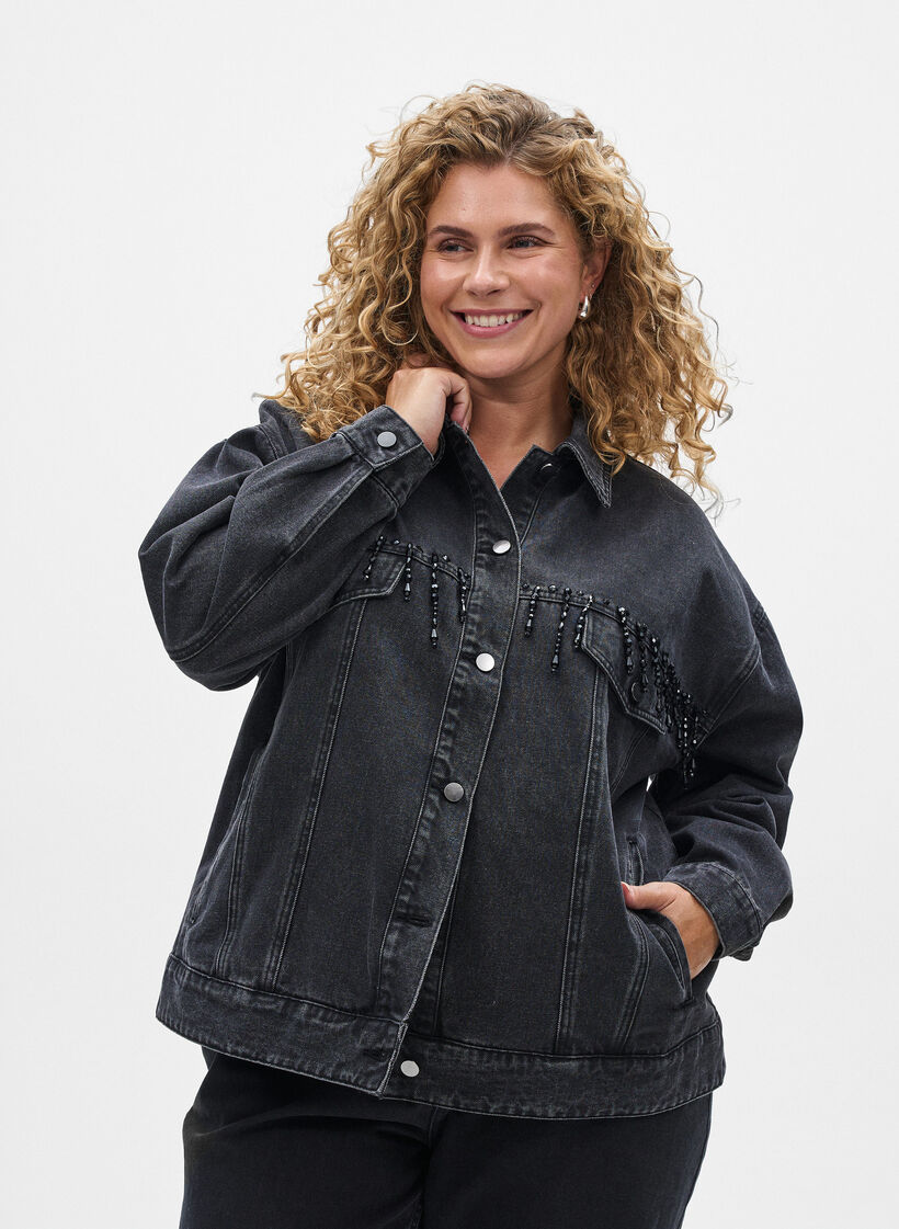 Kurtka jeansowa z perelkowymi fredzlami, Szary, Model