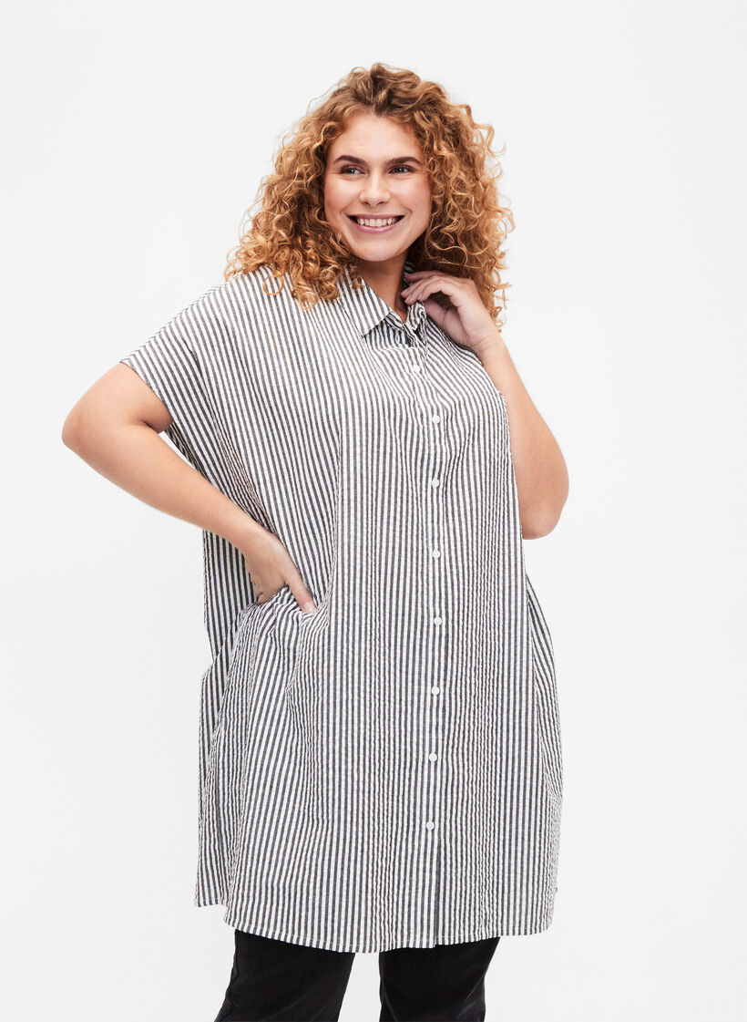 Dluga bawelniana koszula w paski, Black, Model image number 0