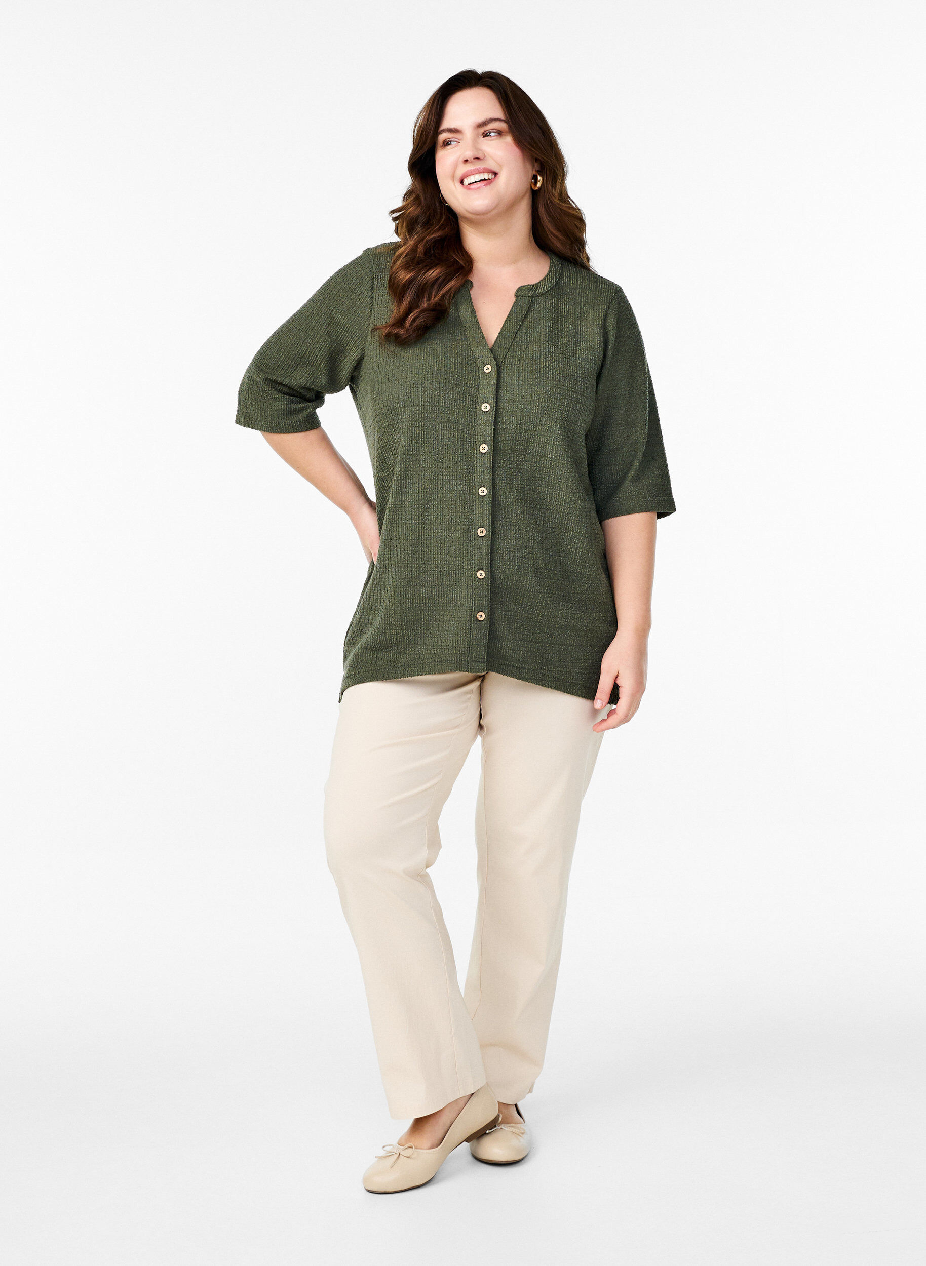 Zizzi Bluzka o kroju strukturalnym z dekoltem w szpic, Thyme, Model image number 2