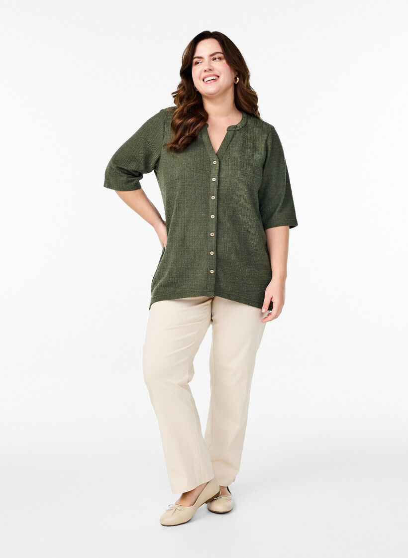 Bluzka o kroju strukturalnym z dekoltem w szpic, Thyme, Model image number 2