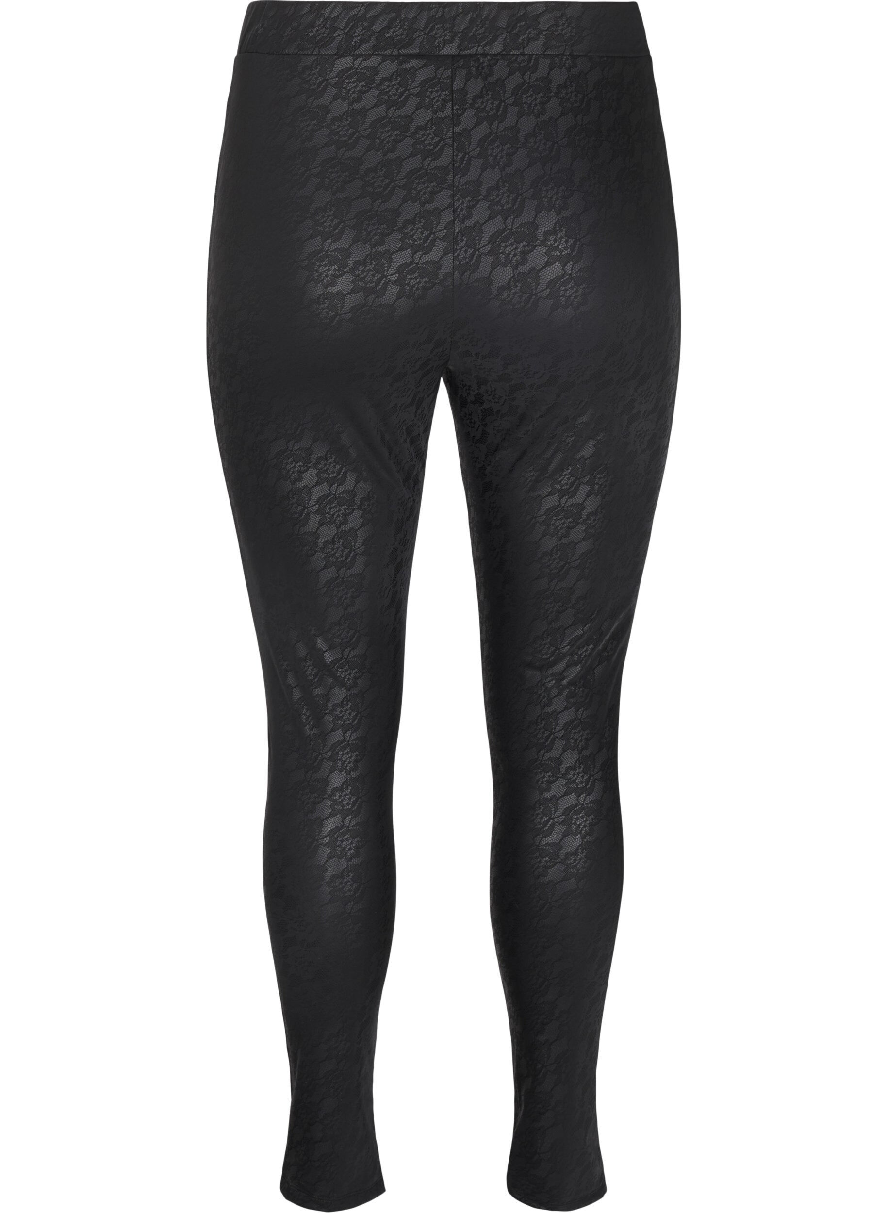 Zizzi Legginsy ze sztucznej sk&oacute;ry z koronkowa faktura, Czarne, Packshot image number 1