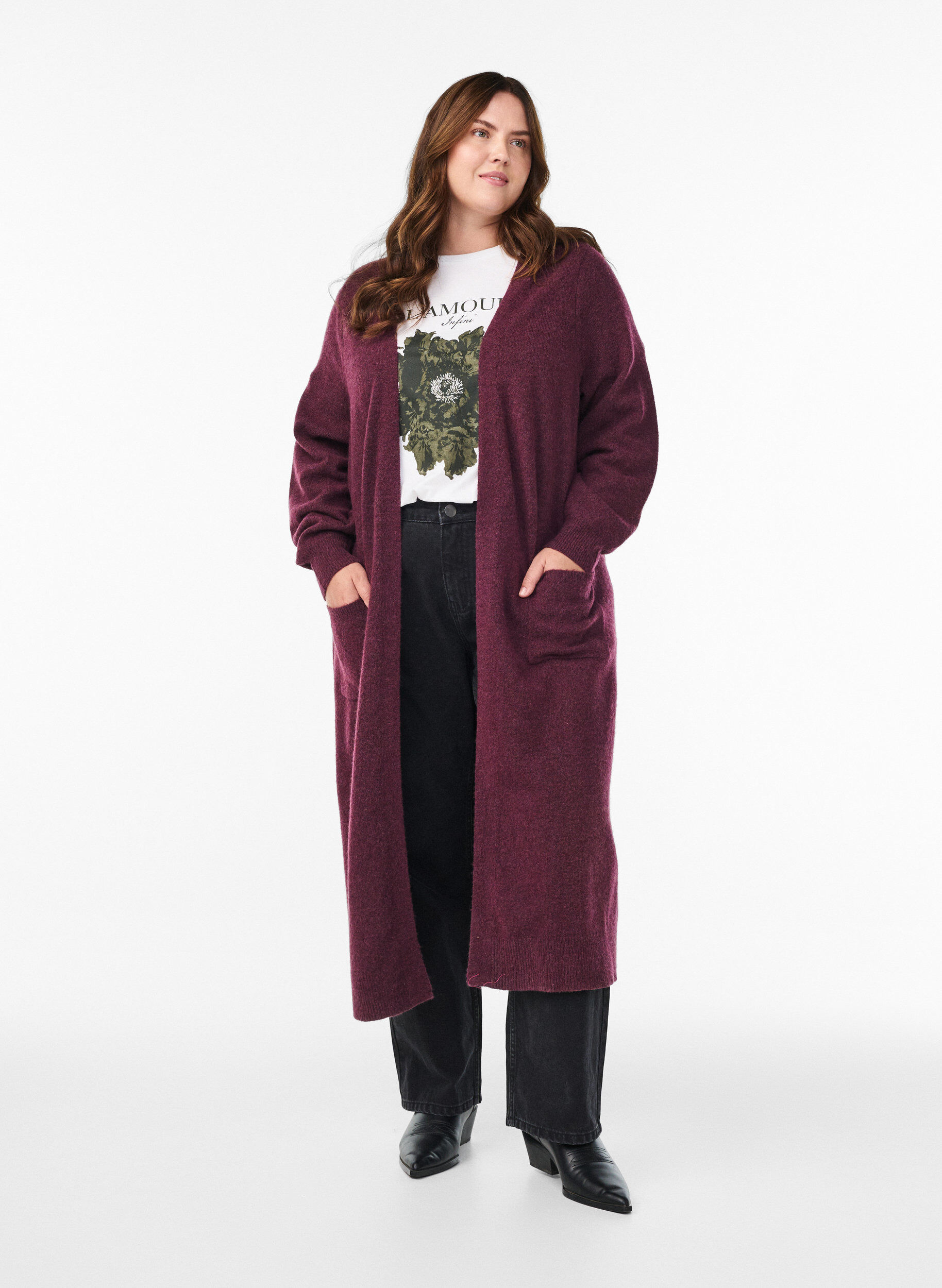 Dlugi dzianinowy kardigan z kieszeniami, Czerwony, Model