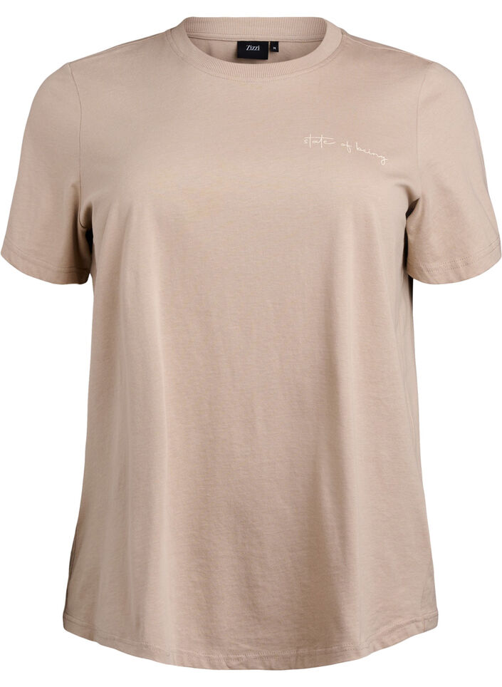 T-shirt z nadrukiem tekstowym i okraglym dekoltem, Brązowy, Packshot image number 0