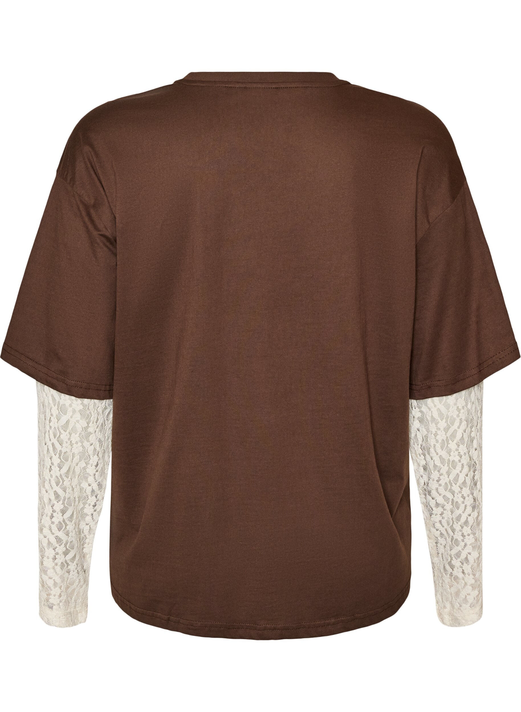 ZizziLuzny t-shirt z dlugimi koronkowymi rekawami, Brązowy, Packshot image number 1