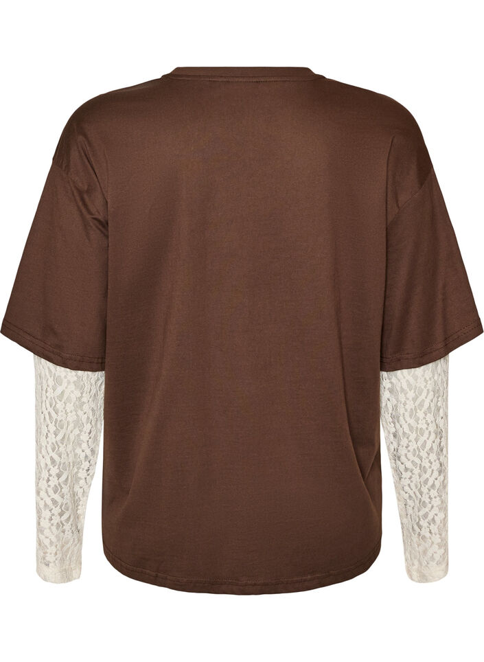 Luzny t-shirt z dlugimi koronkowymi rekawami, Brązowy, Packshot image number 1