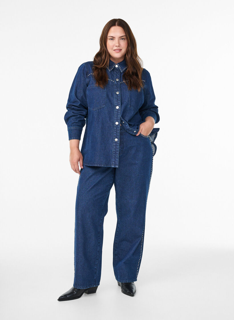 Jeansy z szerokimi nogawkami, cwiekami i wysokim stanem, Niebieskie, Model image number 0