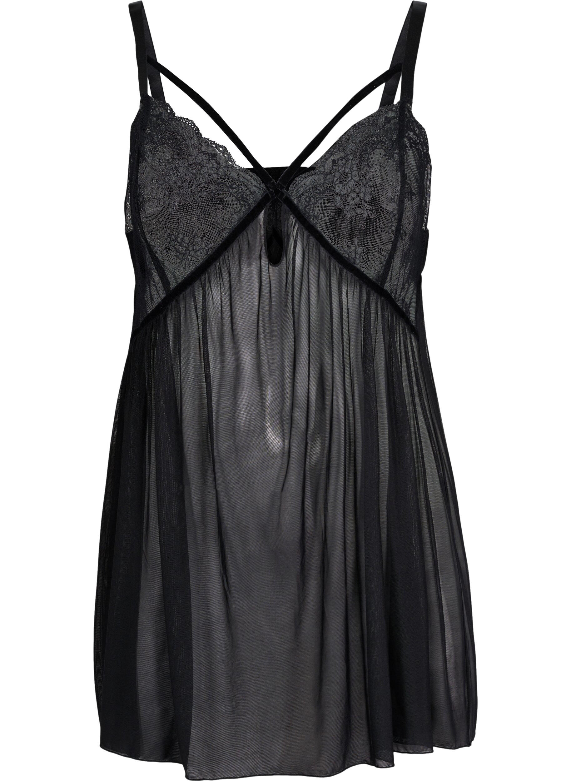 Zizzi Transparent chemise with lace, Black, Packshot image number 0