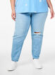 Dopasowane jeansy Mille Mom z przetarciami, Light Blue Denim, Model image number 2