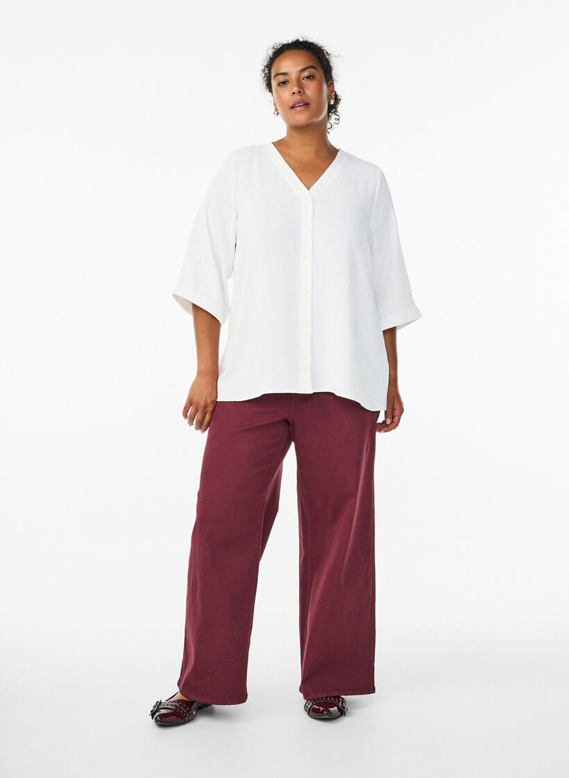 Bluzka z dekoltem w szpic i rekawami 3/4, Biały, Model image number 1