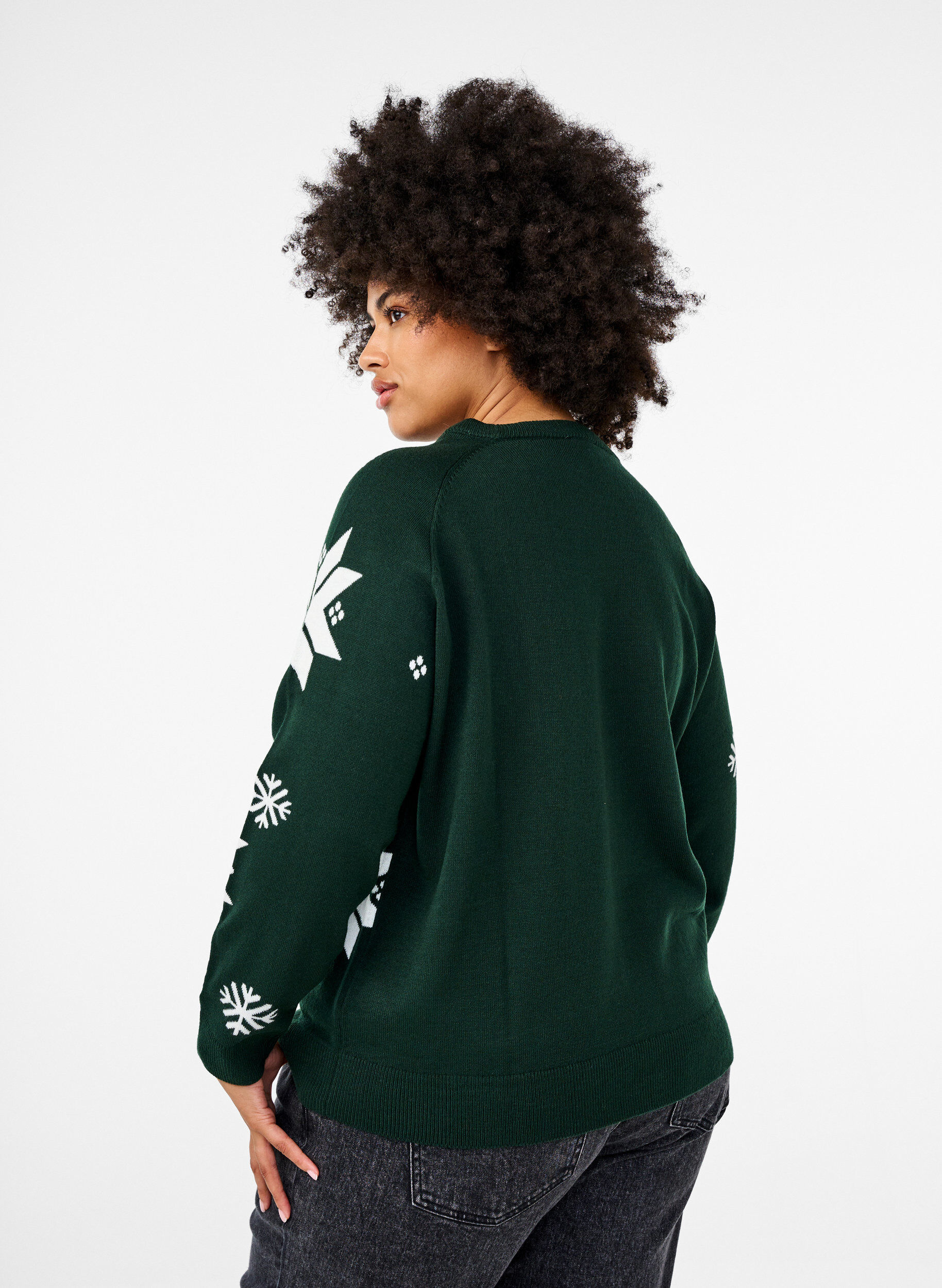 Zizzi Dzianinowy sweter w platki sniegu, Zielony, Model image number 2