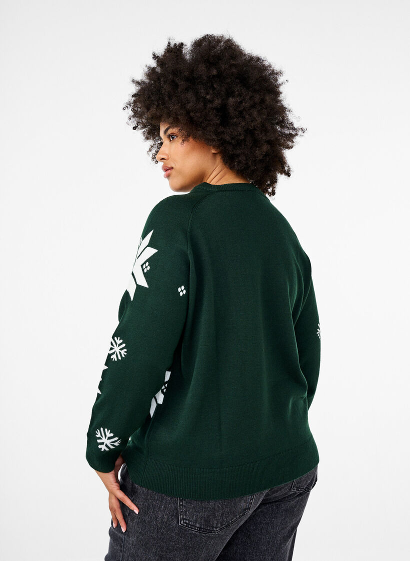 Dzianinowy sweter w platki sniegu, Zielony, Model image number 2