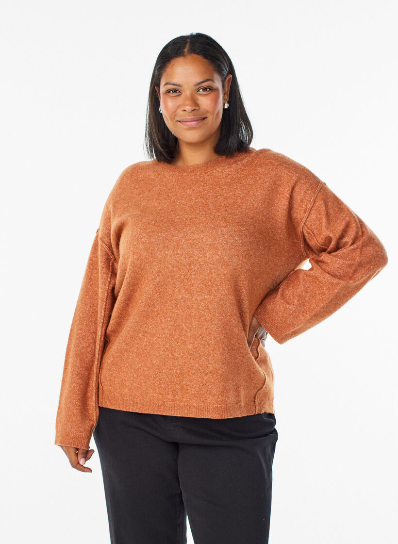 Luzny dzianinowy sweter z widocznymi szwami, Pomarańczowy, Model image number 0