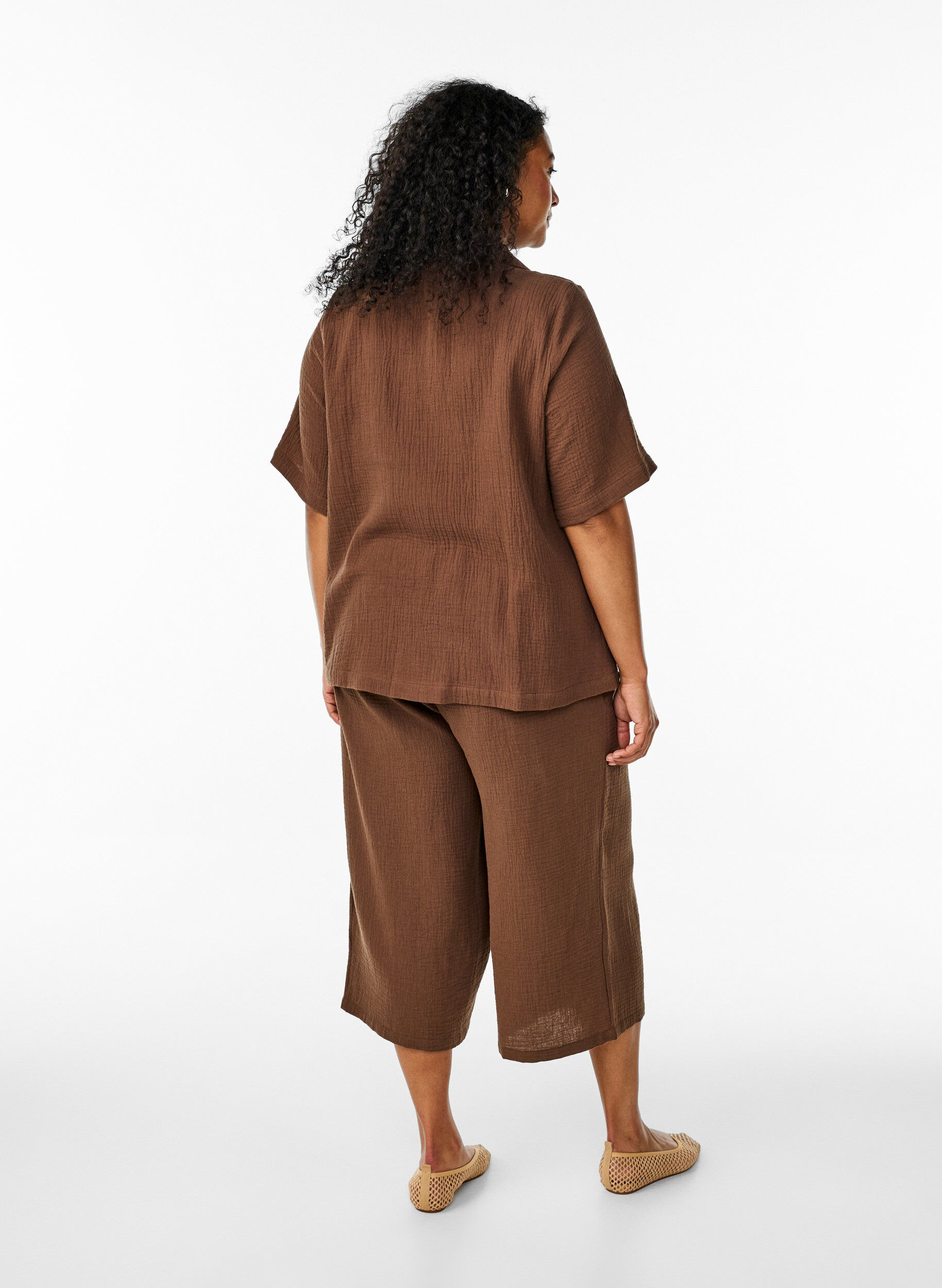 ZizziSpodnie culotte z muslinu bawelnianego z wysokim stanem, Brązowy, Model image number 1