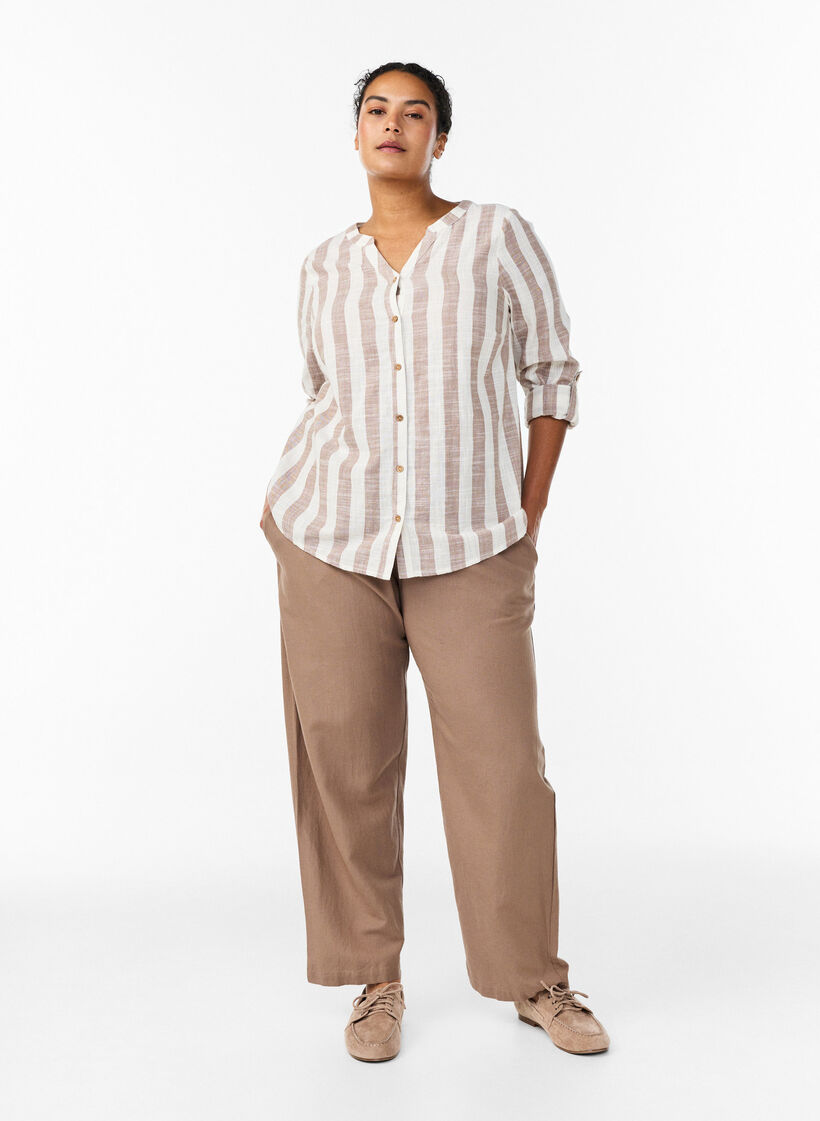 Bluzka z bawelny z dekoltem w ksztalcie litery V, Beżowy, Model image number 1