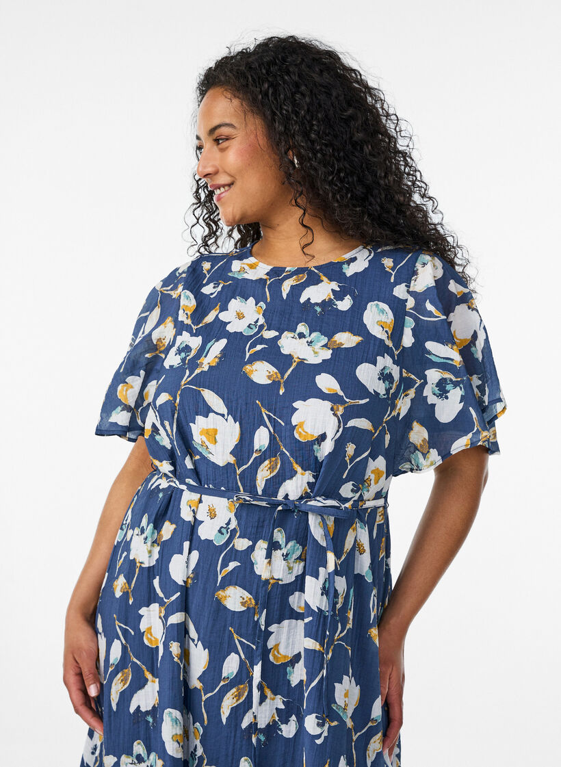 Sukienka do kostek z falujacymi rekawami i paskiem w talii, Niebieskie, Model image number 2