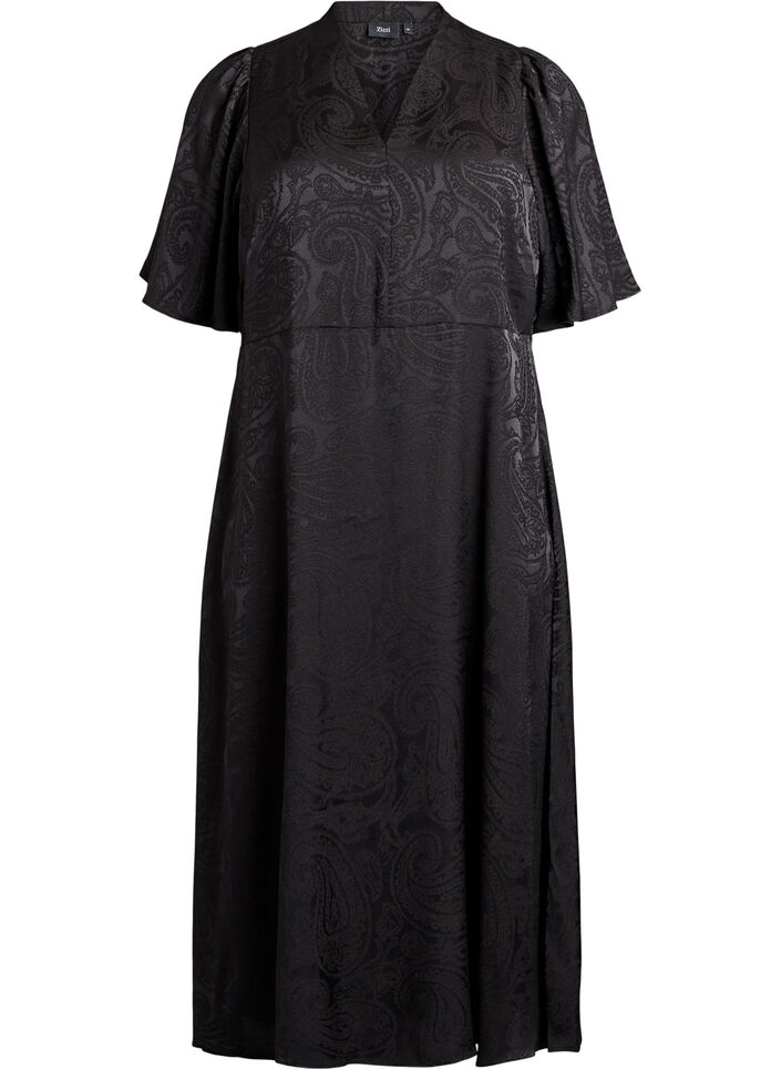 Sukienka midi z zakardu z motywem paisley i rekawami typu nietoperz, Czarne, Packshot image number 0