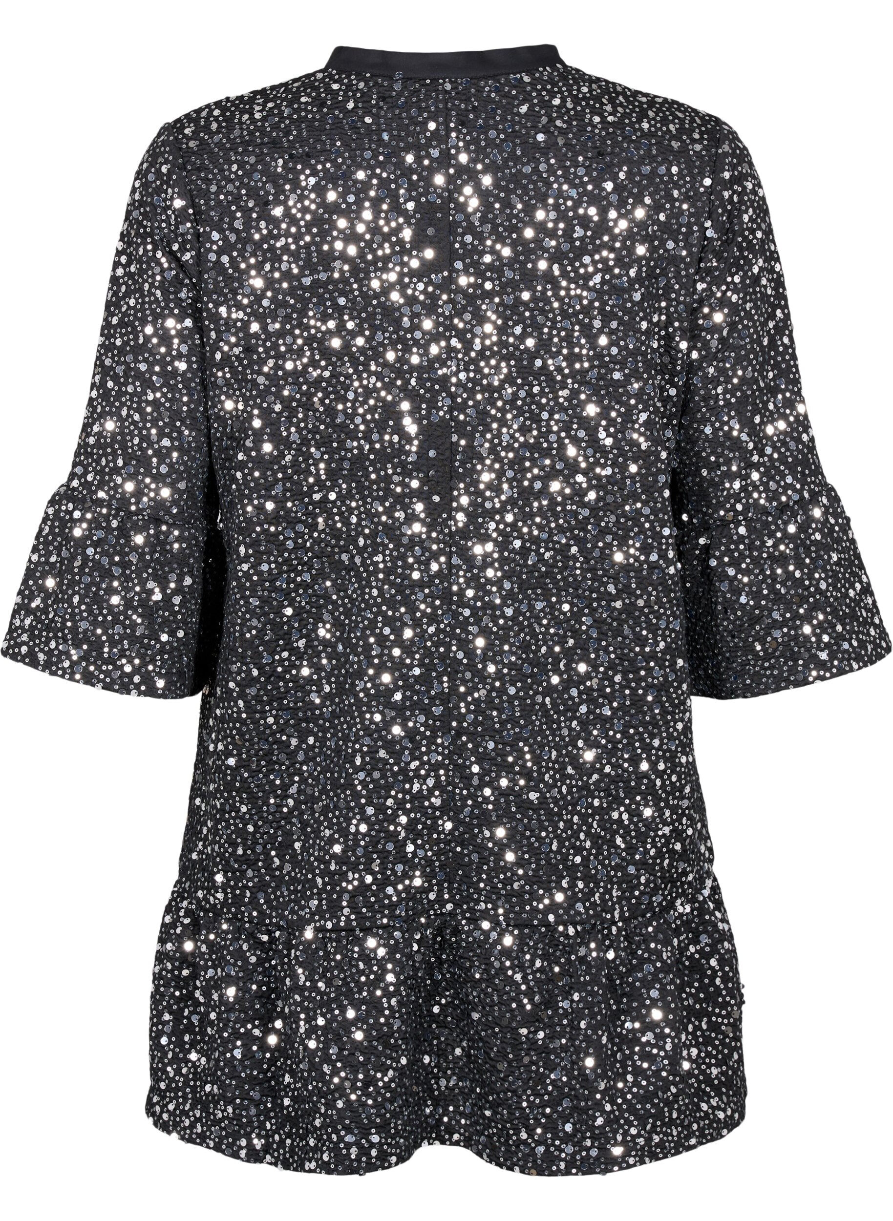Zizzi Sukienka z cekinami, dekoltem w szpic i rekawami 3/4, Black w. Sequins, Packshot image number 1