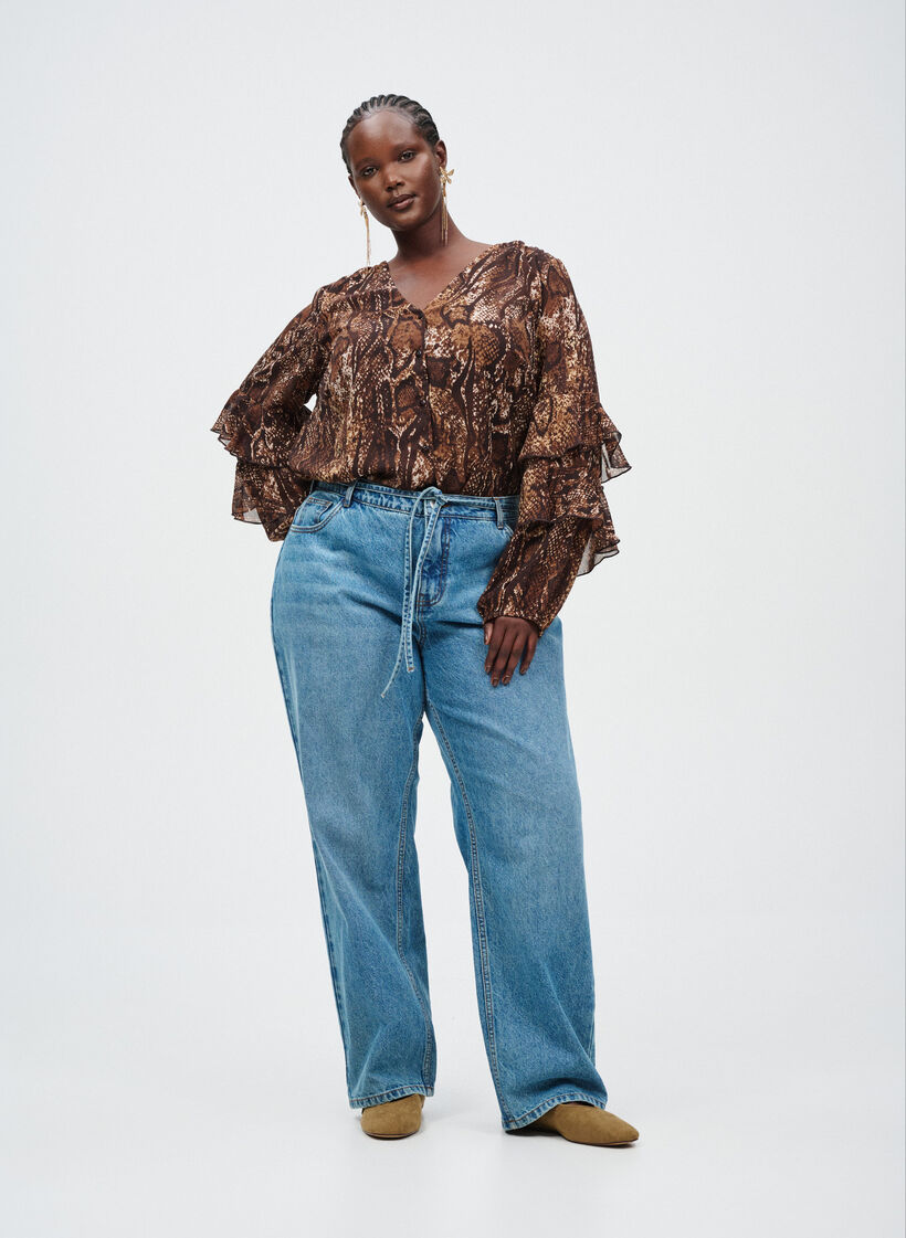 Bluzka ze zwierzecym nadrukiem z falbankami, Brązowy, Image image number 0