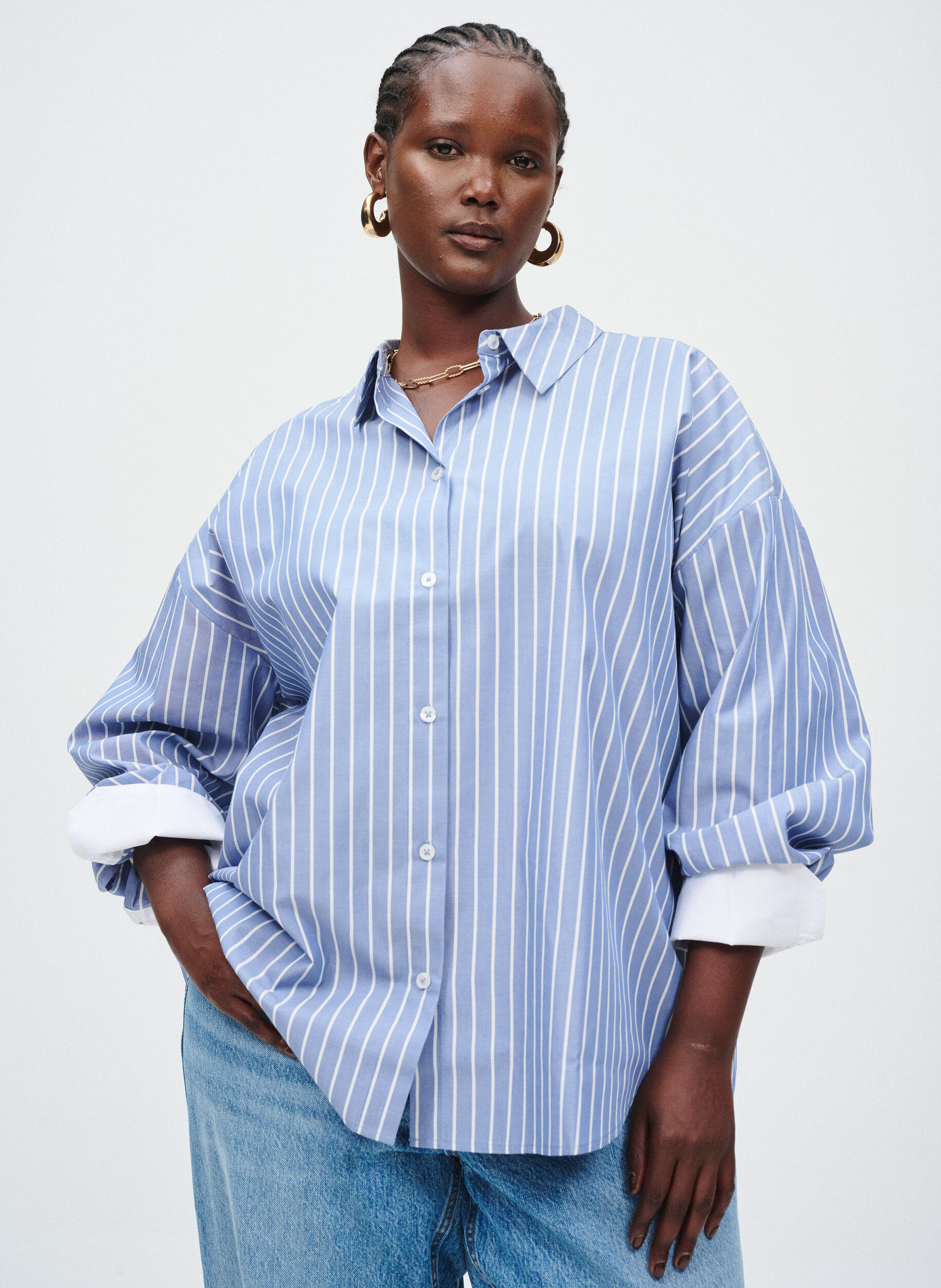 Zizzi Koszula w paski z kontrastowymi mankietami, Niebieskie, Image image number 0